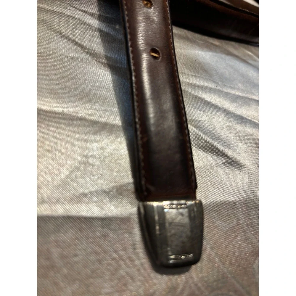 Vintage Brown Leather Western Belt Silver Engraved Buckle Metal Tip 39 Inch